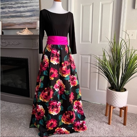 Eliza J Marlow Black 3/4 Length Sleeve Floral Scoop Neck Gown Size 2 Bow Modest - Picture 14 of 16